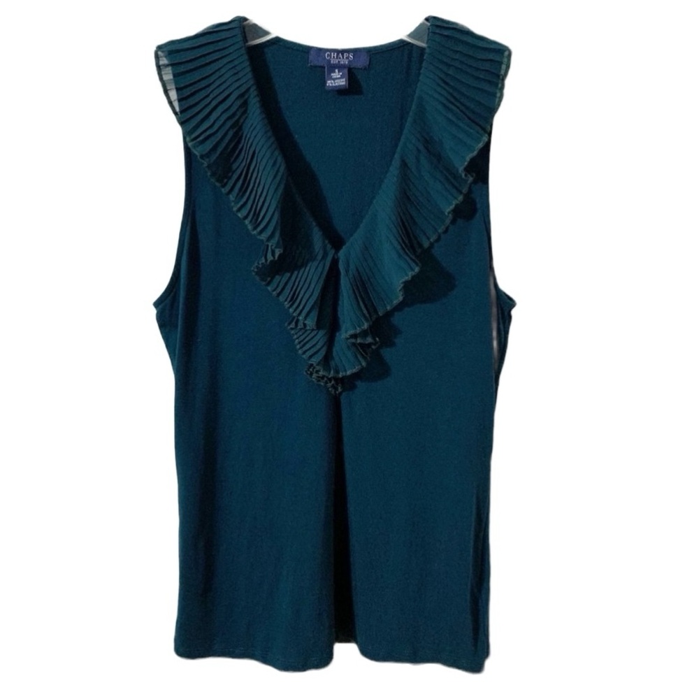 Chaps Sleeveless V-Neck Pleated Ruffled Bodice and Collar Tank Top Dark Topaz